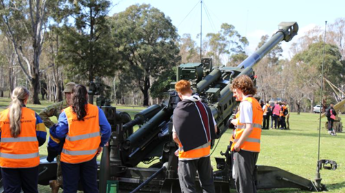Students talk to soldiers and interact with displays at the Army careers day, held at the Puckapunyal Military Area.